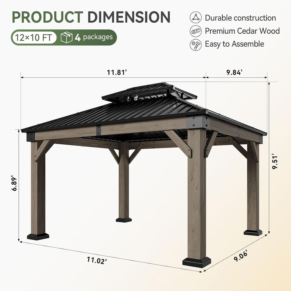 Aoxun 10' x 12' Cedar Wood Gazebo with Double Galvanized Steel Roof, ...