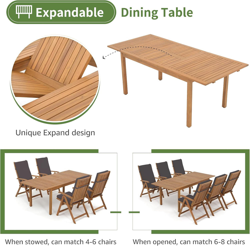 OC Orange-Casual 7 Piece Patio Dining Set, Wood Table and Chairs, Dark Grey