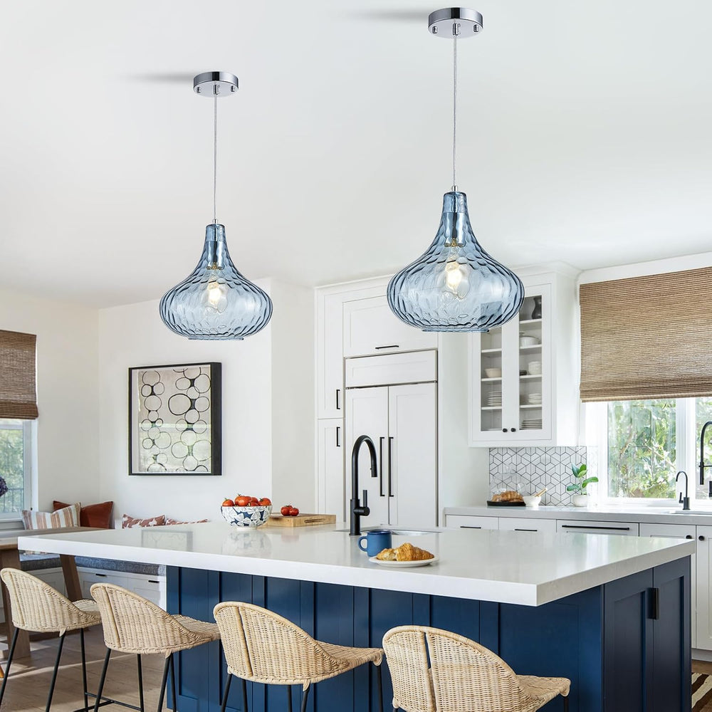 11 Inch Blue Hammered Glass Pendant Light Brushed Nickel Ceiling Lamp