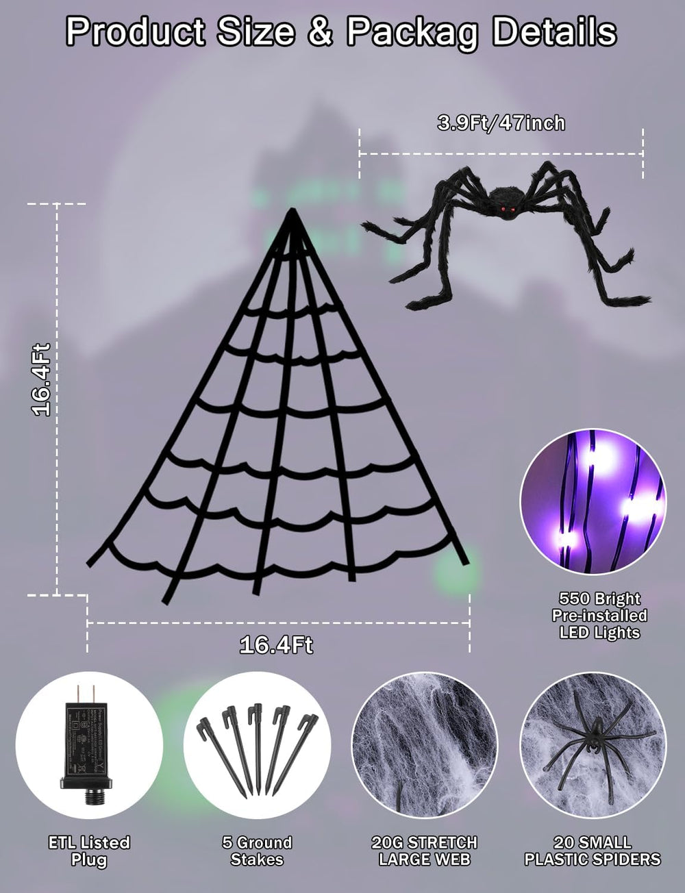 Halloween Decorations Outdoor Spider Web Lights - 16.4Ft Light Up Spider Web ...