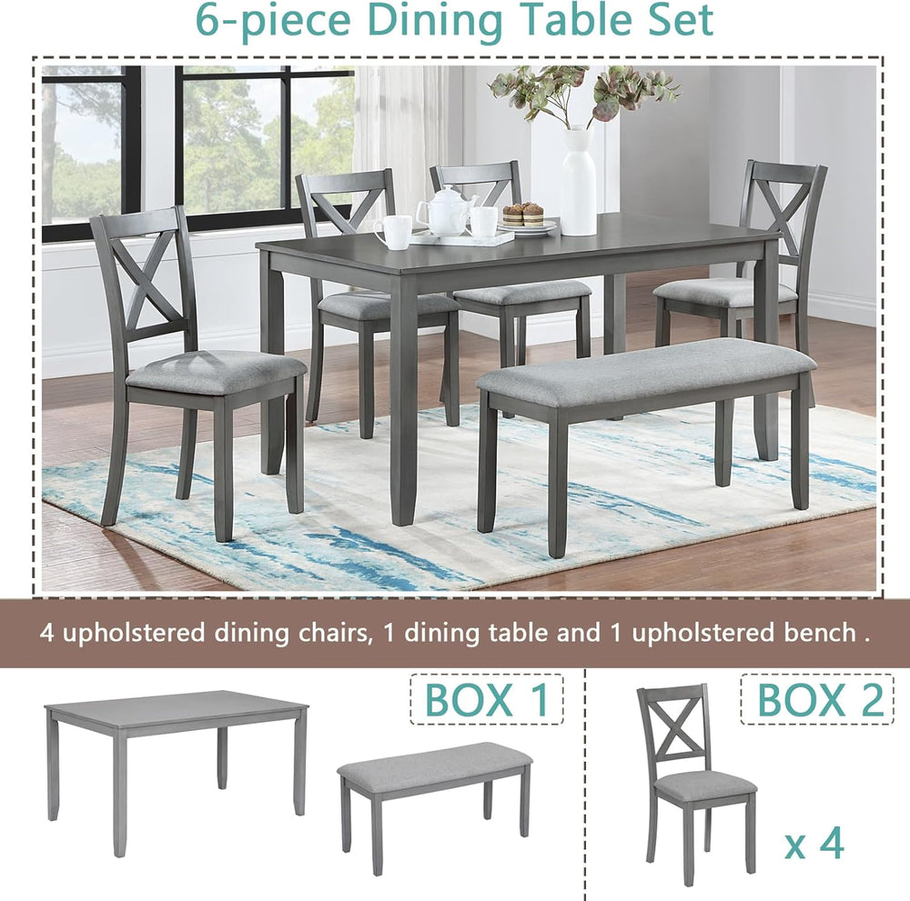 LUMISOL 6-Piece Dining Table Set with Bench, Farmhouse Solid Wood Kitchen Tab...