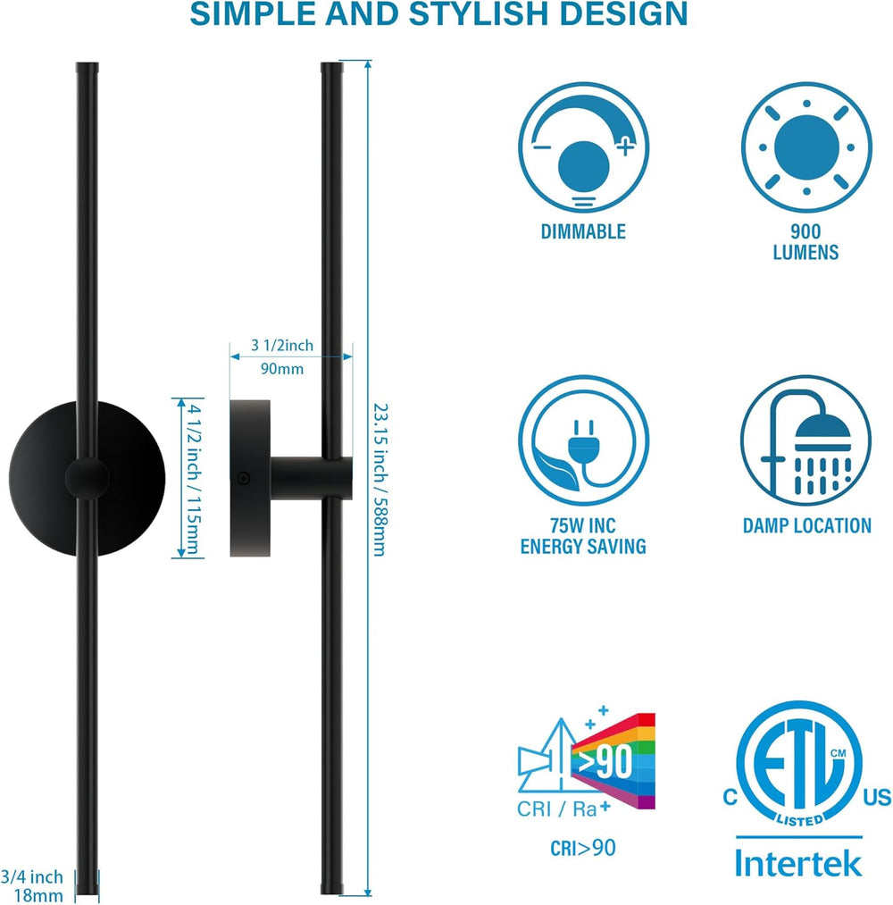 ZAGO 24 Inch LED Indoor Linear Wall Sconces Set of Two, 3CCT Switchable, Matt...