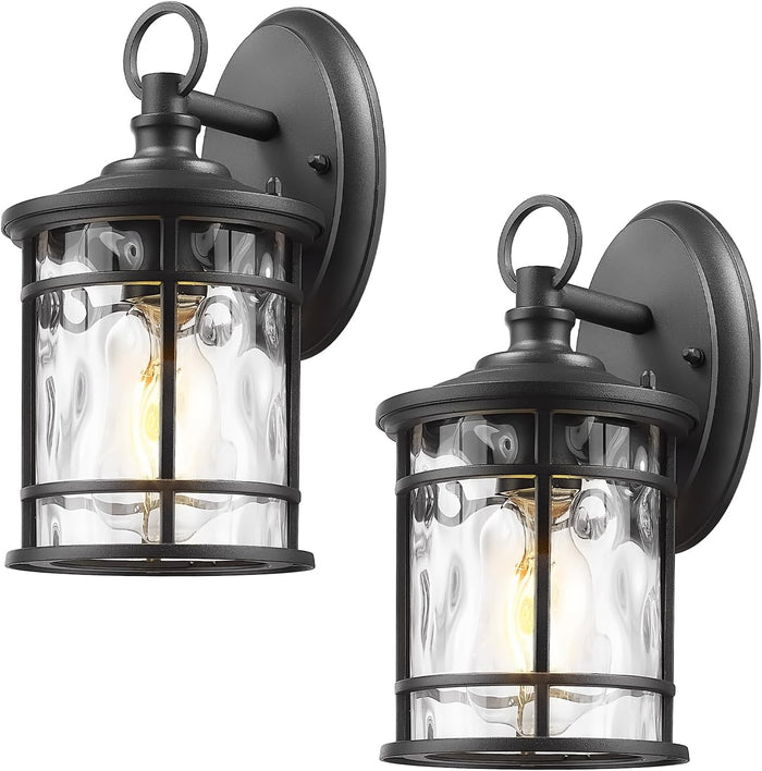 Emliviar 2 Pack Exterior Wall Sconce Light, Anti-Rust Outdoor Lanterns Wall Lamps, Farmhouse Patio Lightings with E26 Socket & Water Ripple Glass, Black Finish, XE229BS-2PK BK-WG
