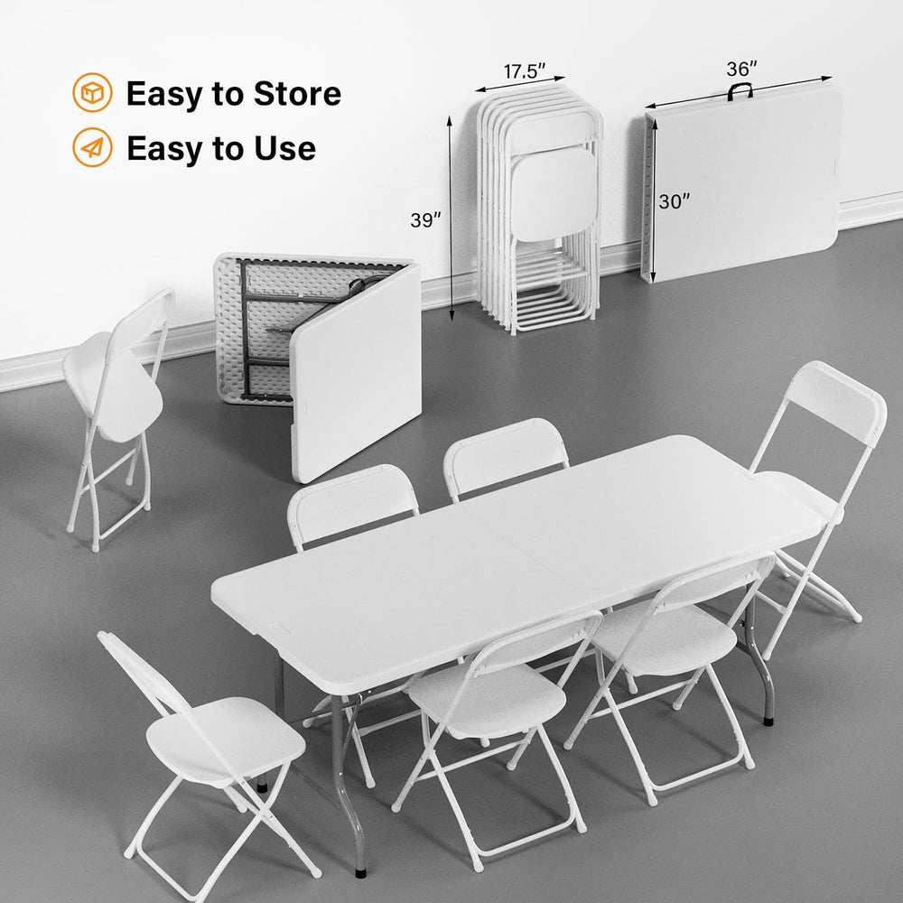 VINGLI 6 FT Plastic Folding Table Set with 6 White Folding Chairs for Picnic,...