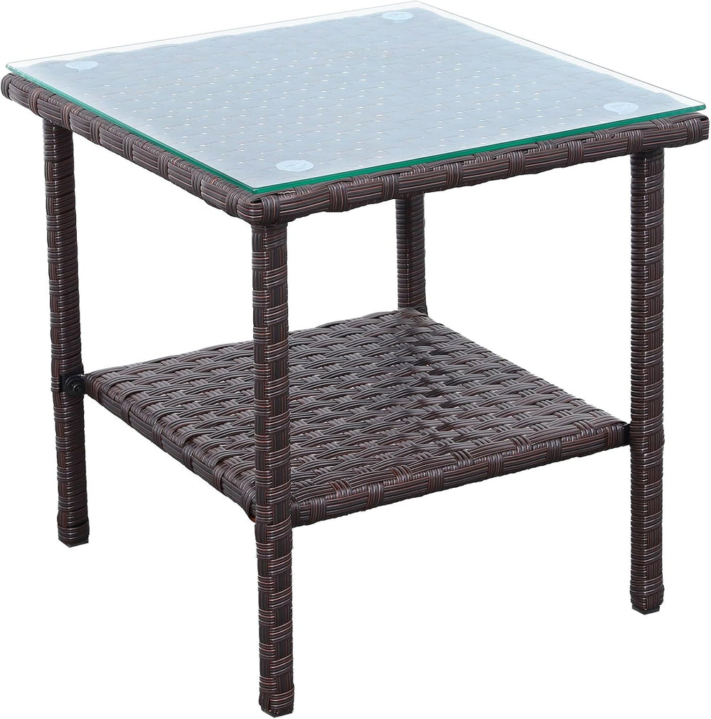 Outdoor Wicker Glass Top Side Table - Patio Balcony Deck Pool Square End Tabl...