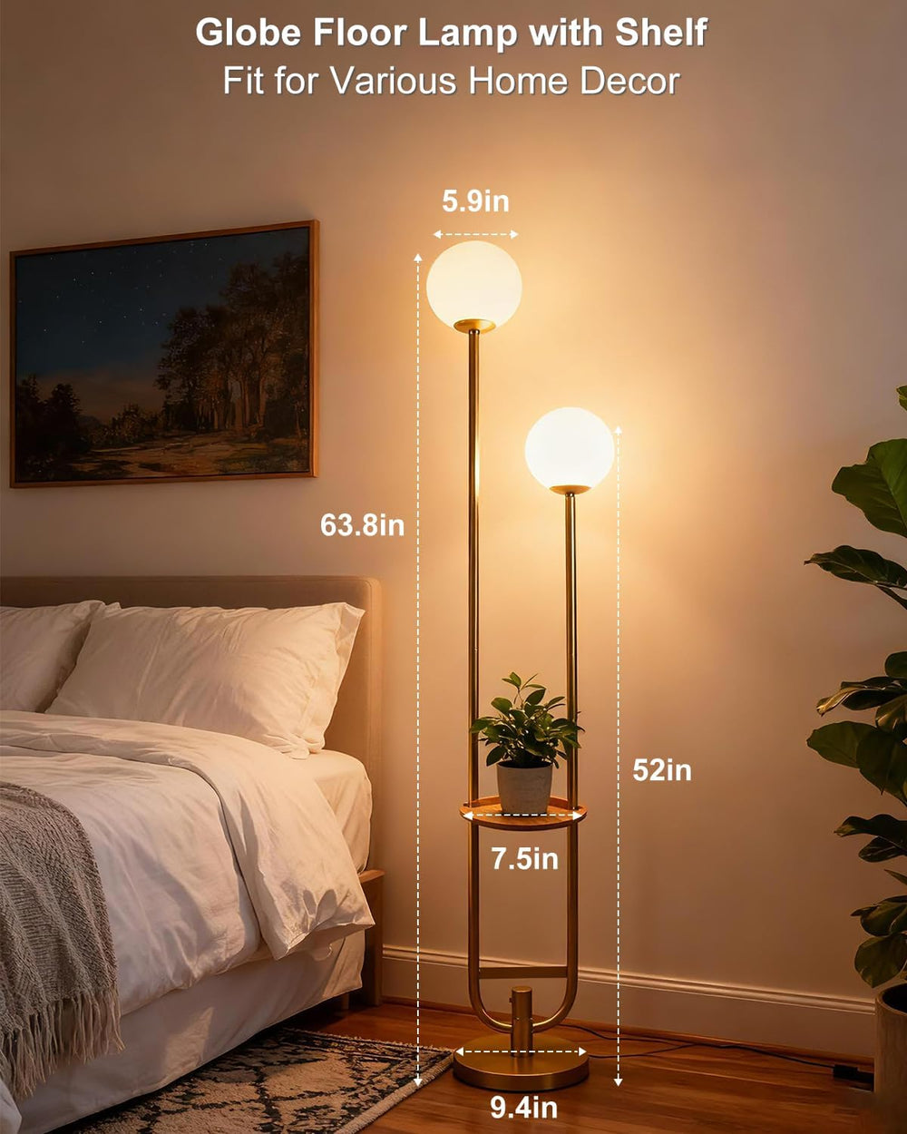 Lightdot 63IN Gold Floor Lamp with Table 2 Globe Mid Century Standing Lamps w...
