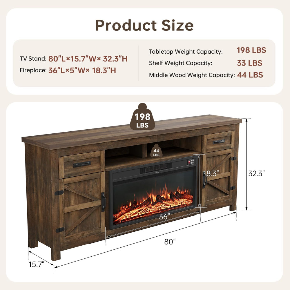 Fireplace TV Stand with Barn Door, 80 inch, Brown