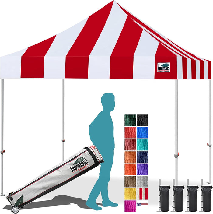 Eurmax USA 10x10ft Pop Up Canopy,Commercial Instant Tent for Outdoor Events,Patented No-Tip Rolling Storage Bag with 4 Sandbags,UV & Water Resistant,Heavy Duty Portable Shelter Gazebo,Stripe Red