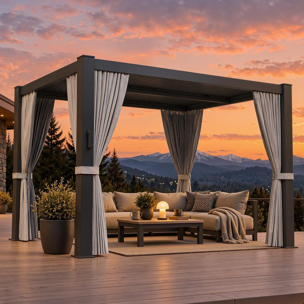 Aoxun Louvered Pergola 10x12 All-Aluminum, Power Outlet, Curtains & Netting