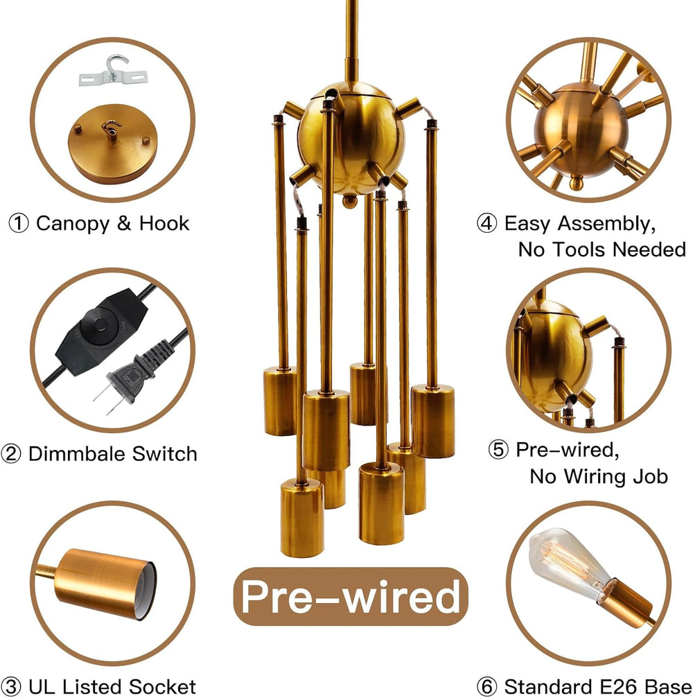 HOXIYA 26.3" DIMMABLE Plug in Chandelier, Modern Sputnik Chandeliers Bru...