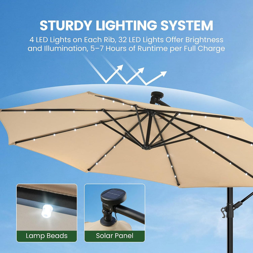 OLILAWN 10FT Patio Umbrella with Solar Lights and Base for Patio, Cream