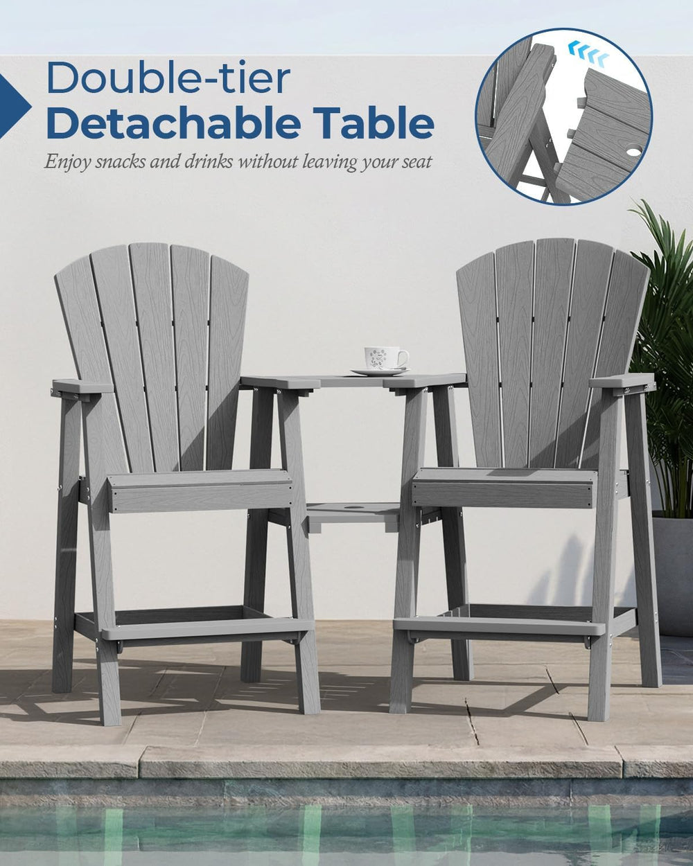 Ciokea Tall Adirondack Chairs Set of 2 with Connecting Trays, Gray