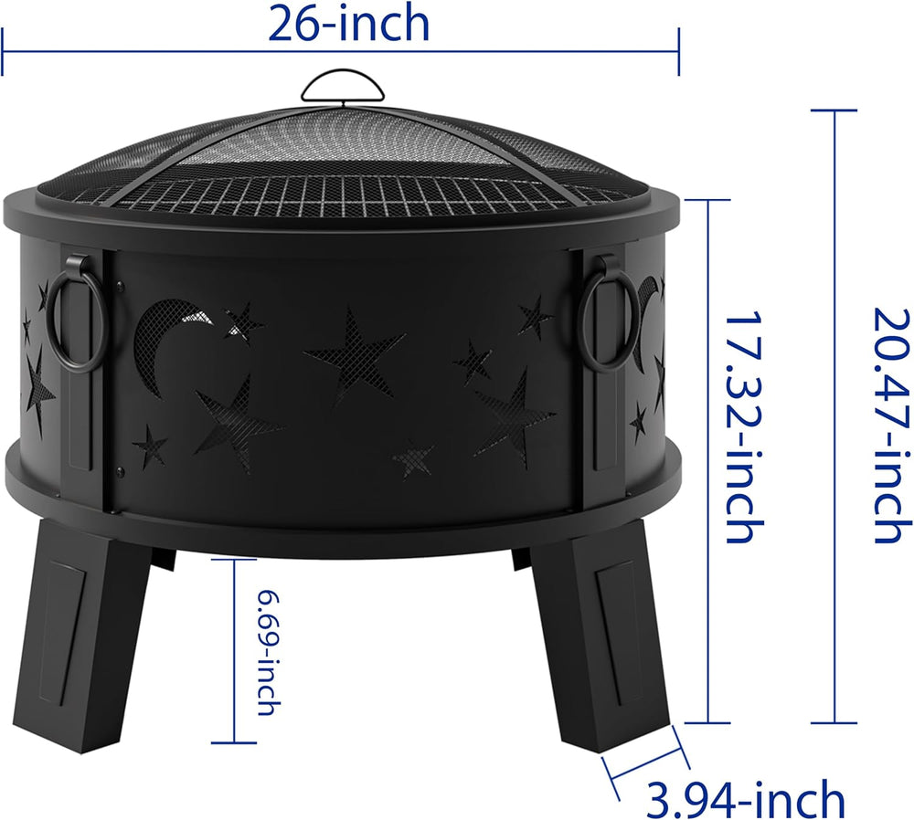 Kingson 26" Outdoor Fire Pit with Grill & Mesh Cover, Wood Burning S...