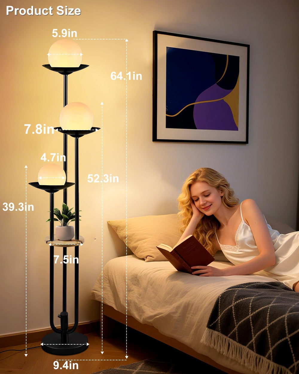 63IN Globe Floor Lamp with Table, 3-Lights Modern Dimmable Floor Lamps with 3...