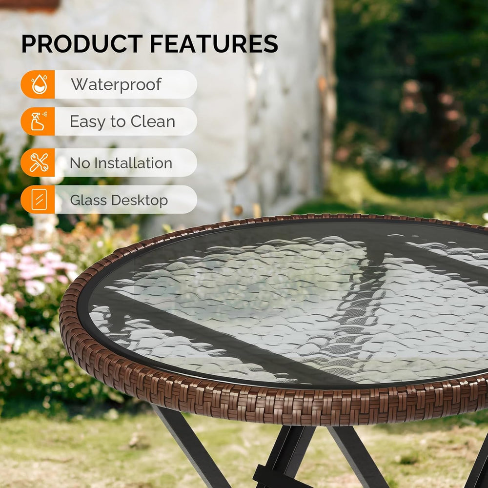 VINGLI 23.6in Modern Brown Rattan Folding Glass Outdoor Side Table, Small Pat...