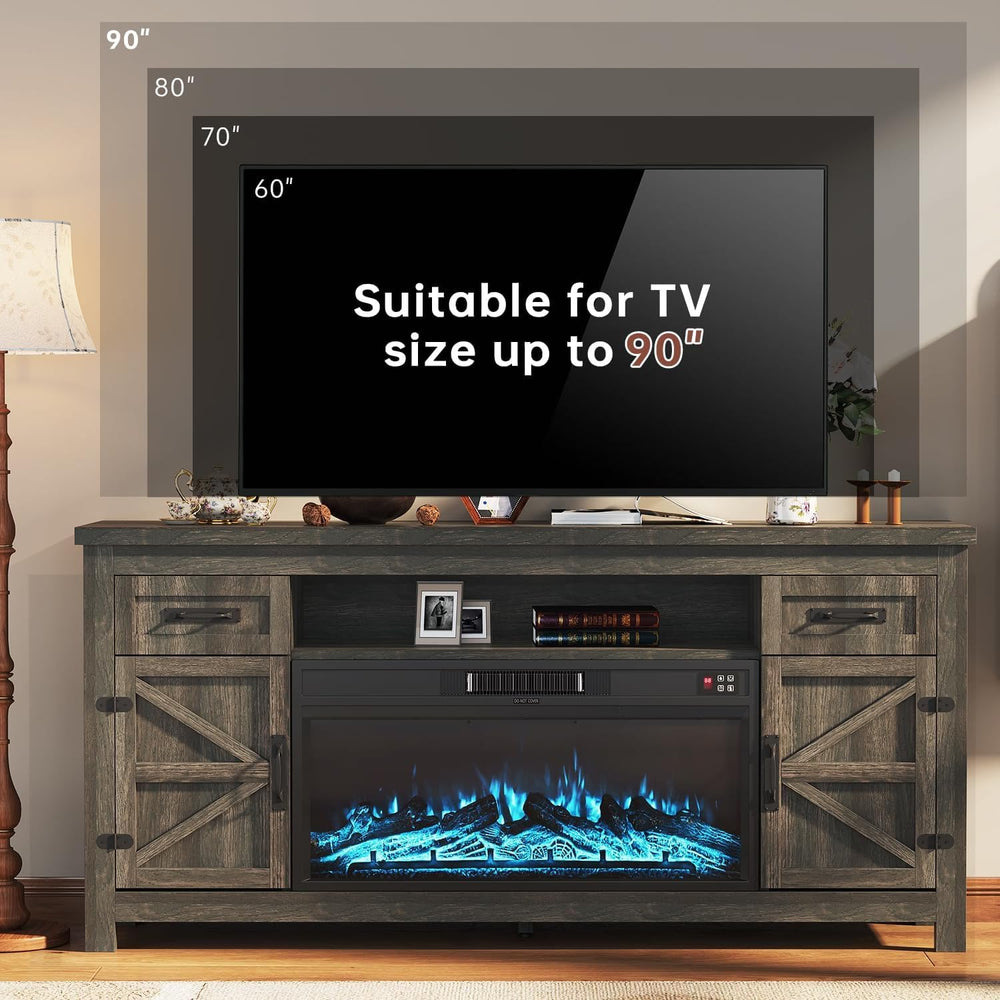 Fireplace TV Stand with Barn Door, 70 inch, Gray