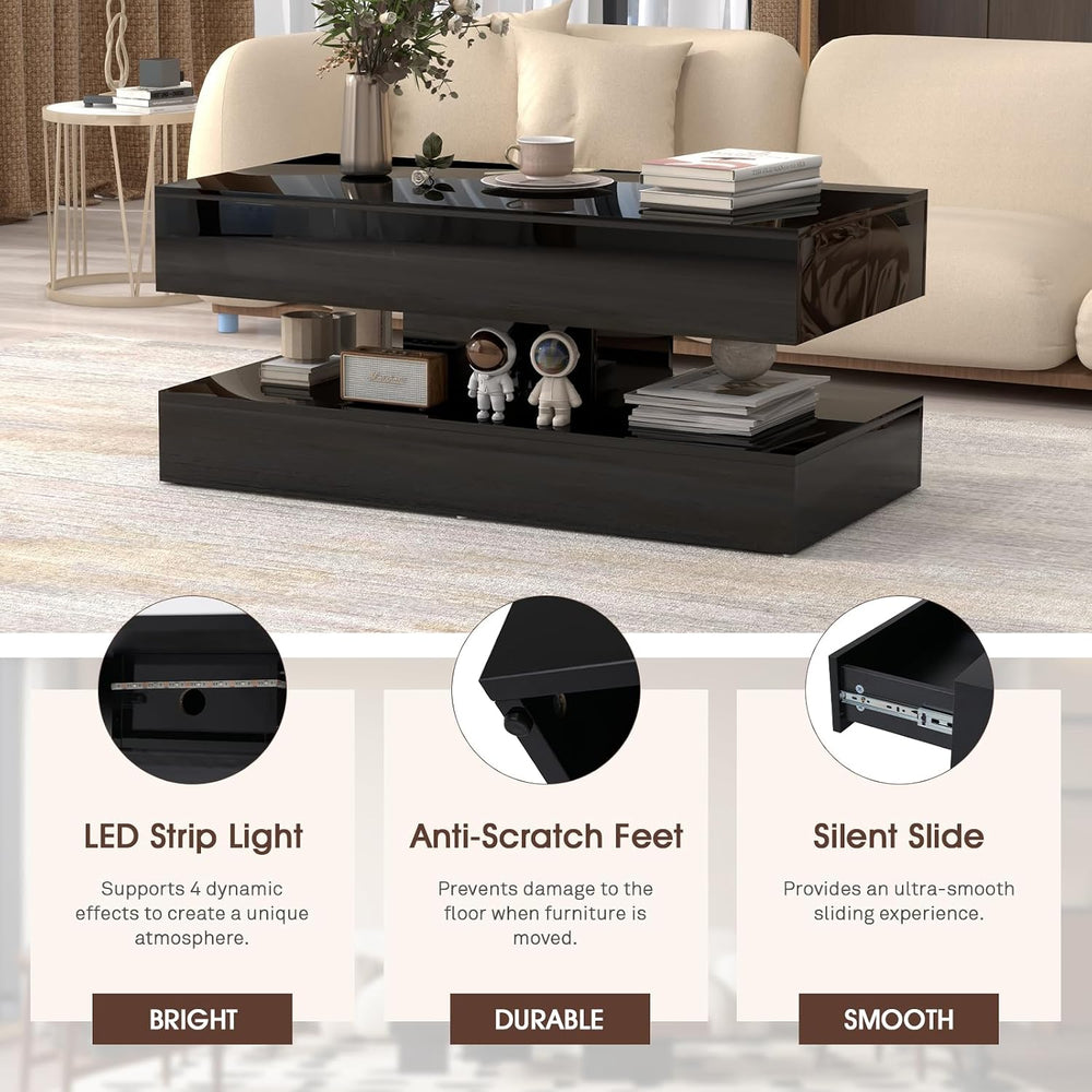 OC Orange-Casual Modern High Gloss LED Coffee Table, 2-Tier Center Table