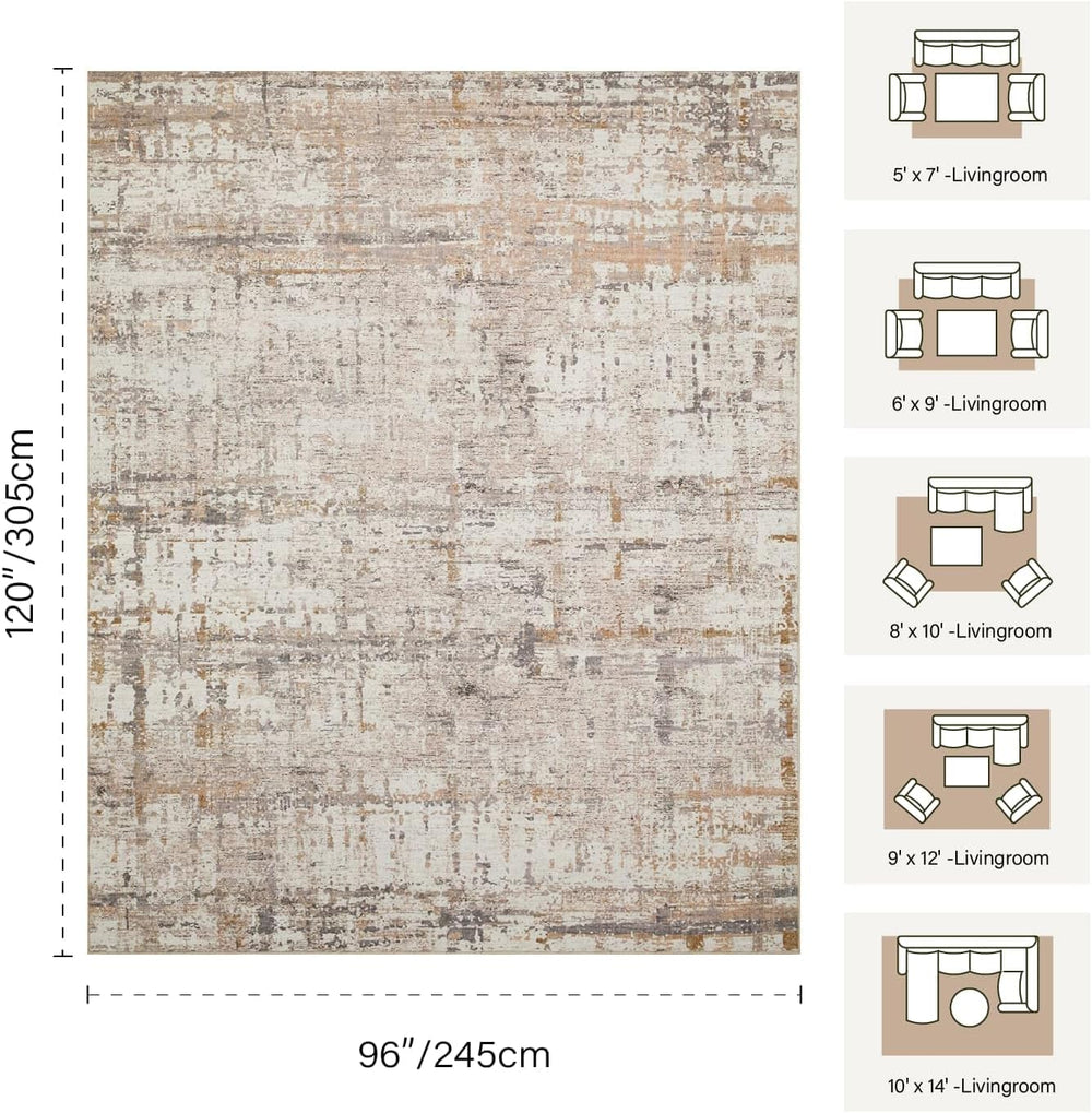 Rugxara 8x10 Beige Abstract Neutral Washable Area Rug for Living Room