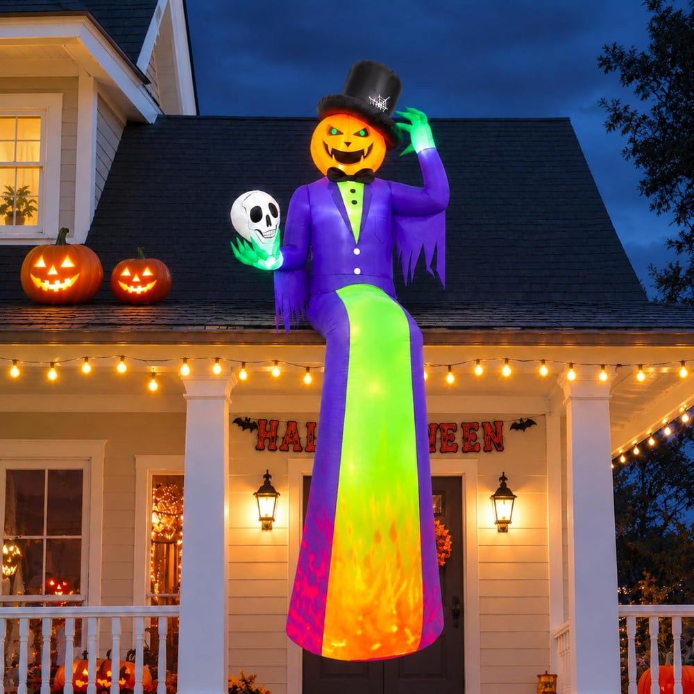 10FT Sitting Halloween Inflatable Pumpkin with Flame Light for Roof Decor