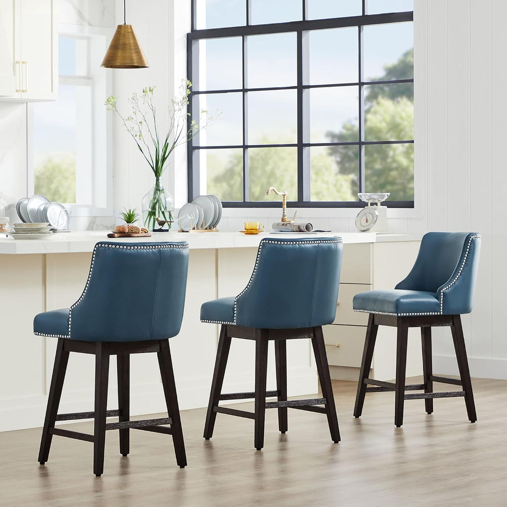 CHITA 26" Counter Height Swivel Bar Stools, Blue Faux Leather, 3-Pack