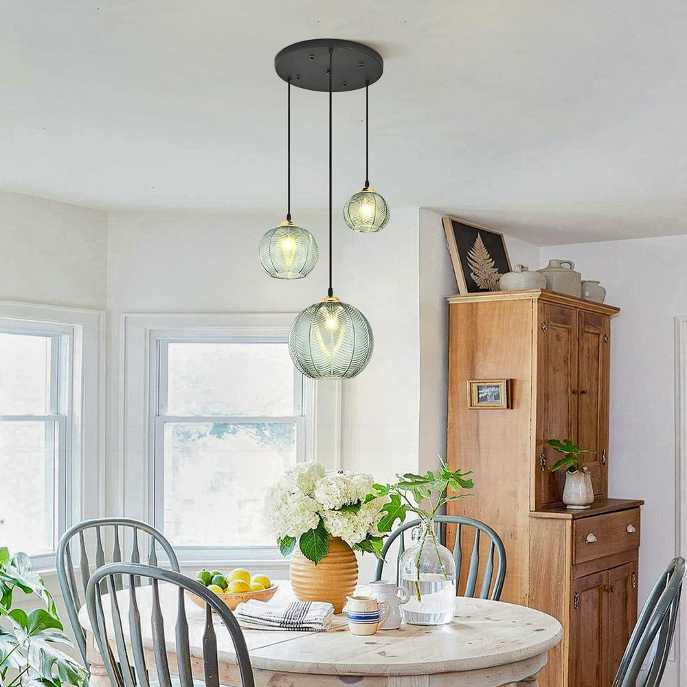 KCO 3-Light Vintage Green Ribbed Glass Globe Cluster Pendant Light Fixture