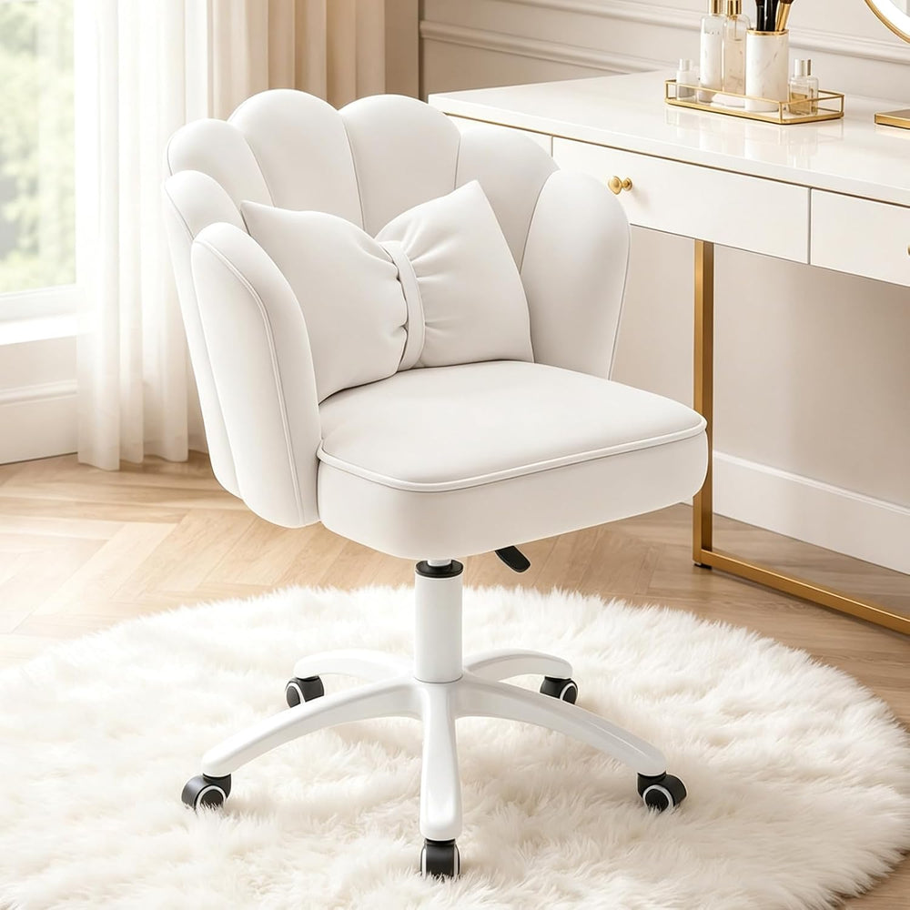 Vanity Chair with Wheels Velvet Petal Desk Chair Upholstered Tufted Home Offi...