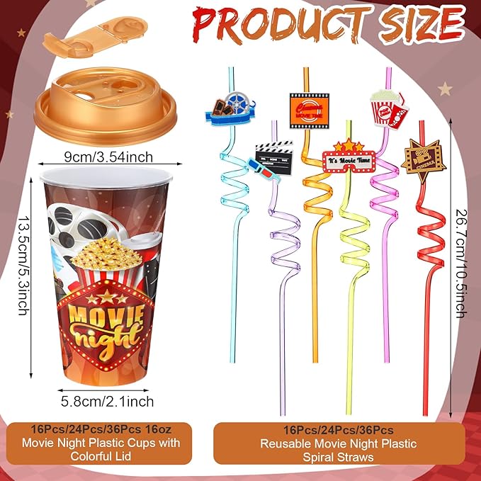 Yungyan 24 Sets Movie Night Party Favors Goodie Cups with Lids and Straws for...