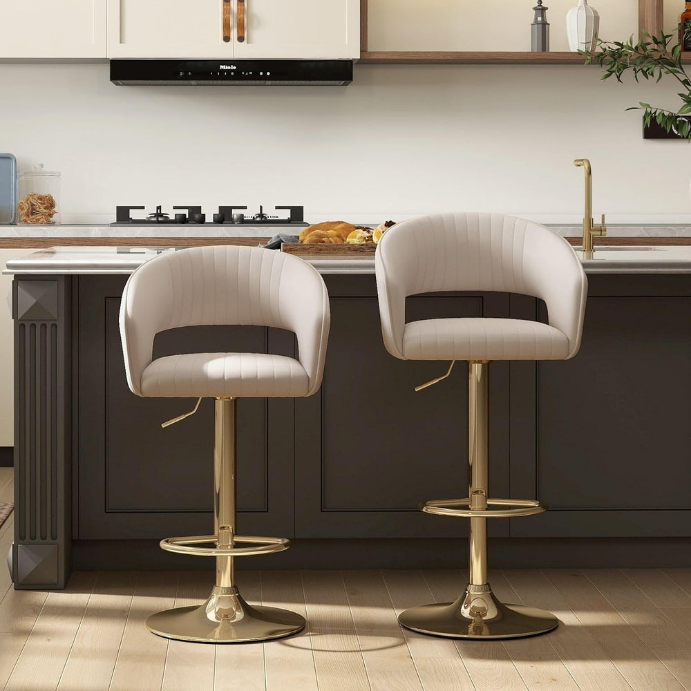Hyfirm Set of 2 Beige PU Leather Swivel Adjustable Bar Stools Gold Base