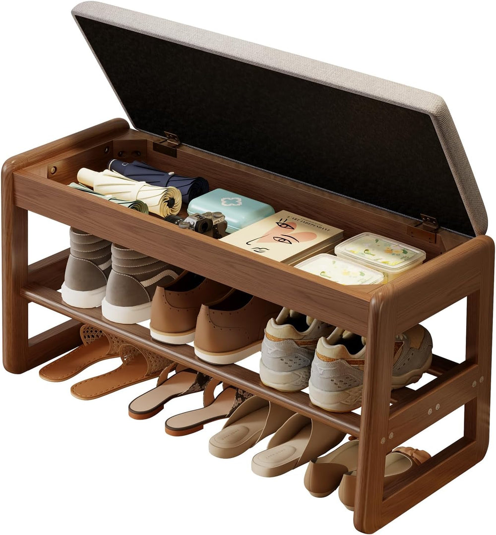 AQIMUELE Shoe Rack Bench, Wooden 2 Tiers with Flip-Top Storage