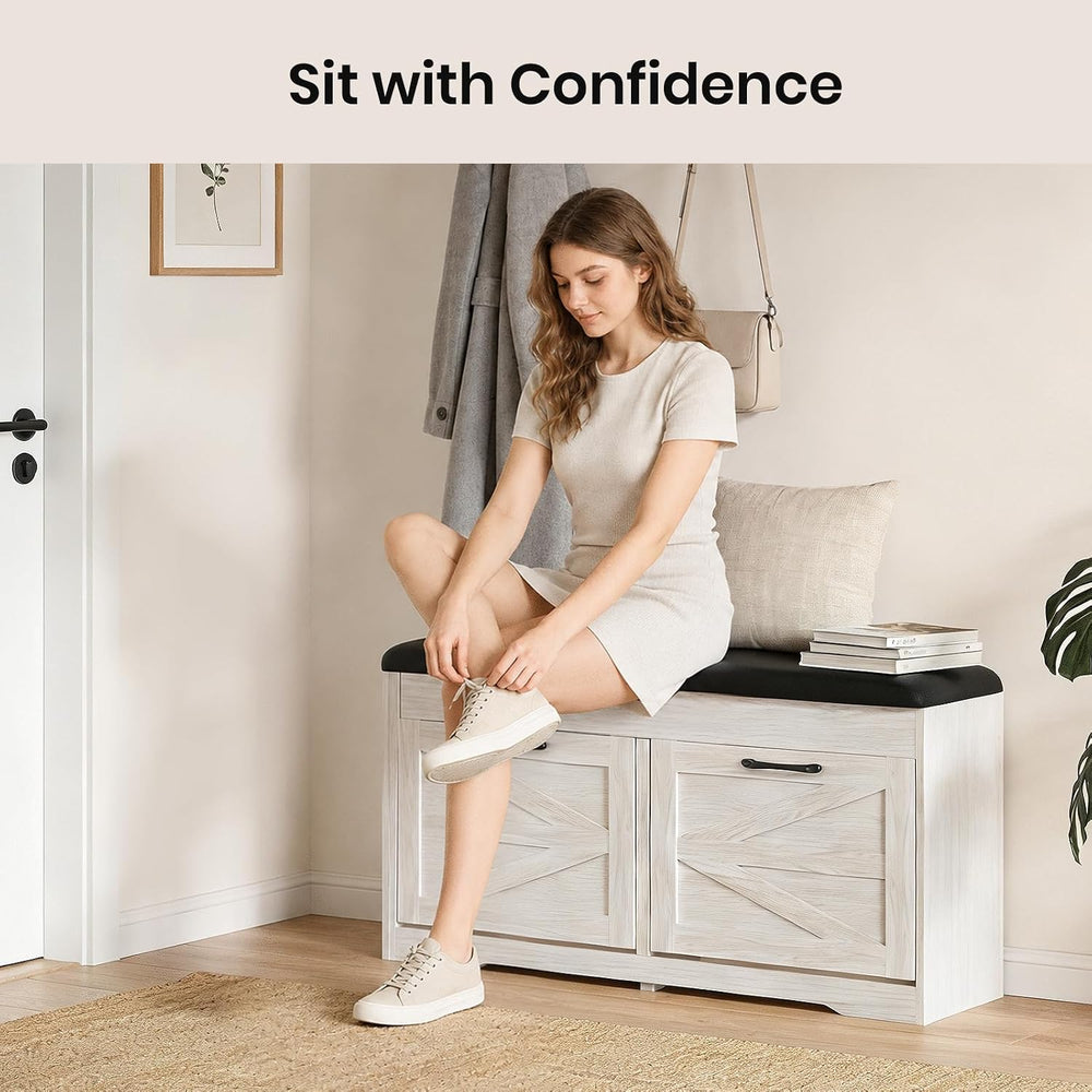 39" Shoe Storage Bench with Seat Cushion, Wood, Ash White