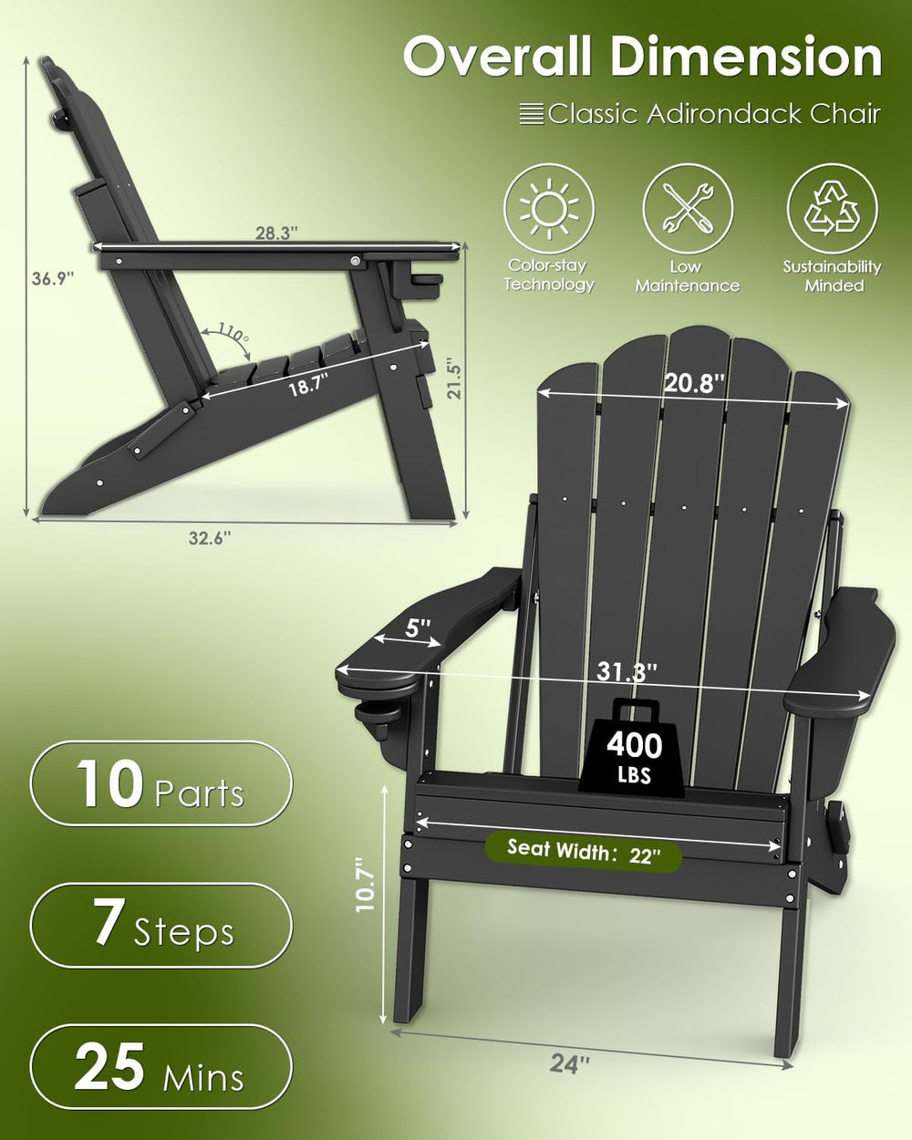 GREENVINES Oversized Folding Adirondack Chairs Set of 2, HDPE, Black