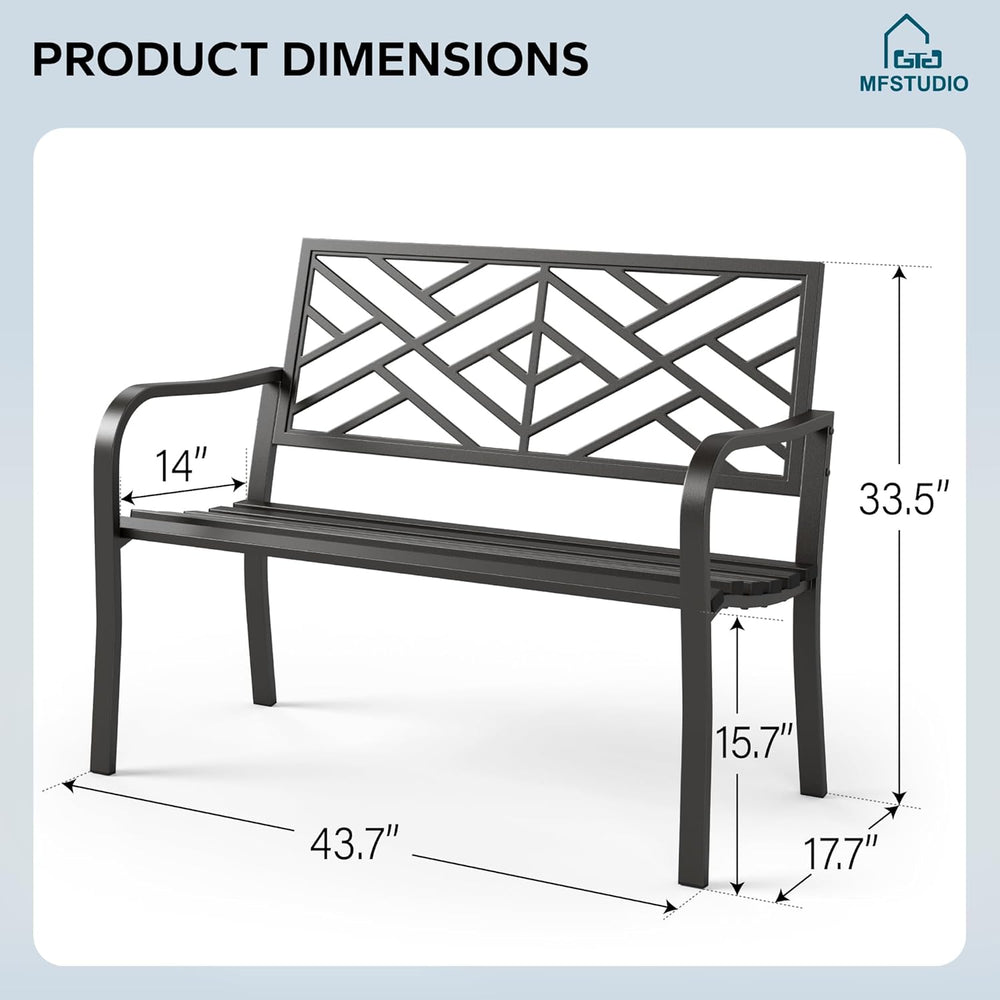 MFSTUDIO 43.7” Cast Iron Outdoor Garden Bench, Geometric Backrest, Black