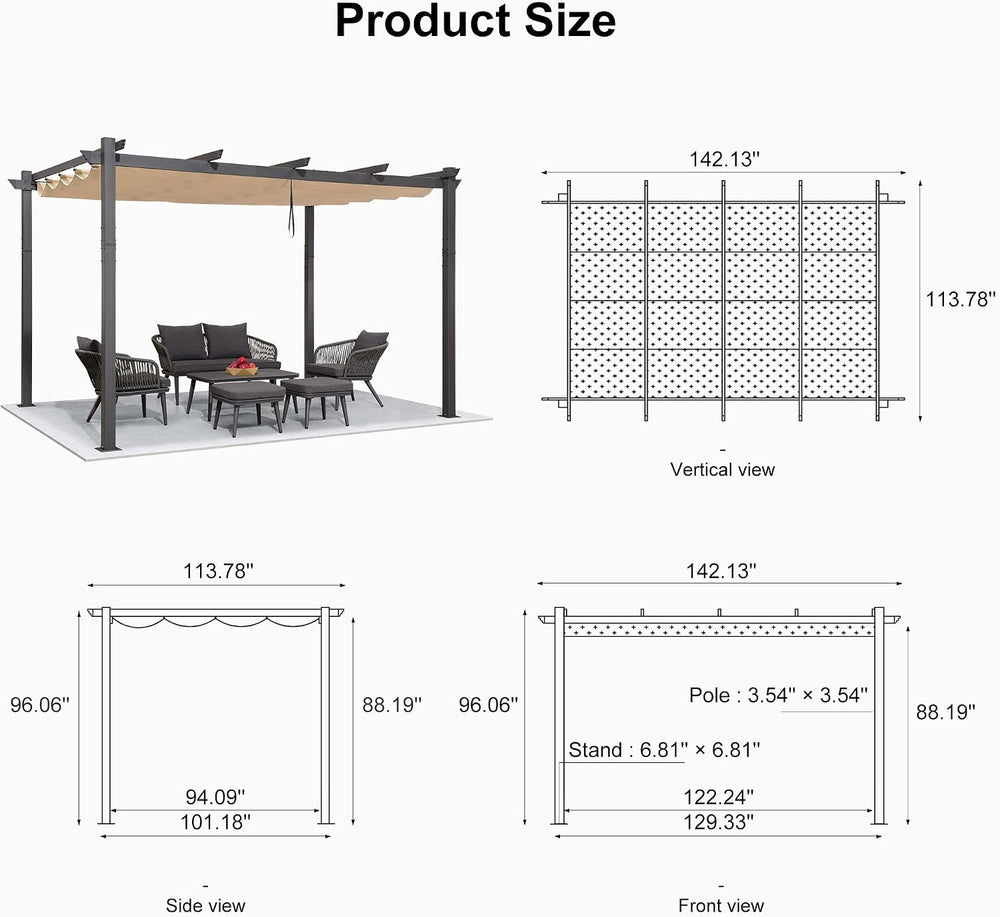 PURPLE LEAF Outdoor Retractable Pergola 10' X 12' Canopy Aluminum, Beige