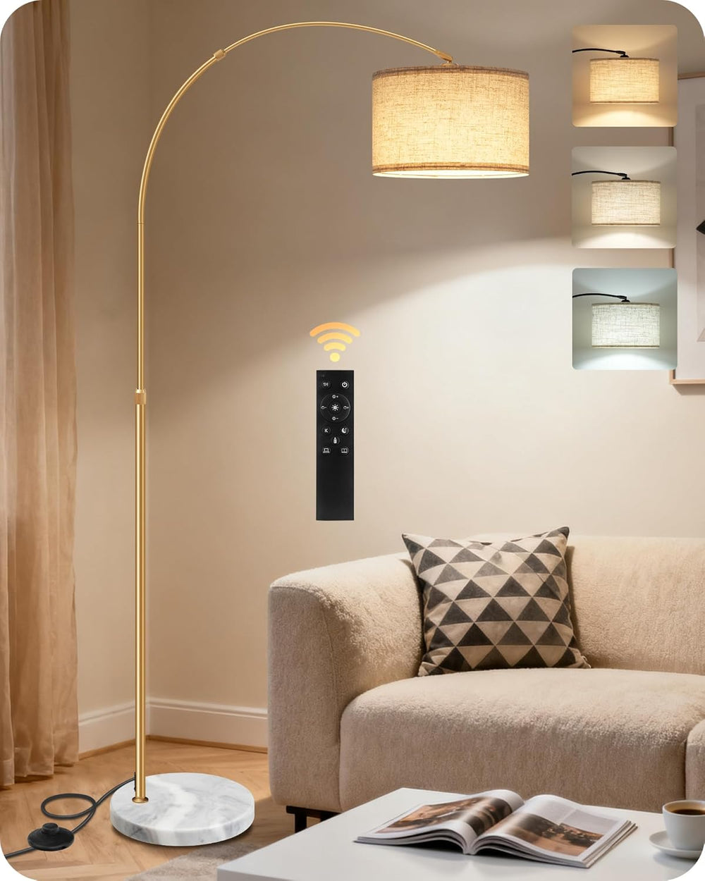 75" Arc Floor Lamp with Marble Base and Adjustable Height, Rotating Hang...