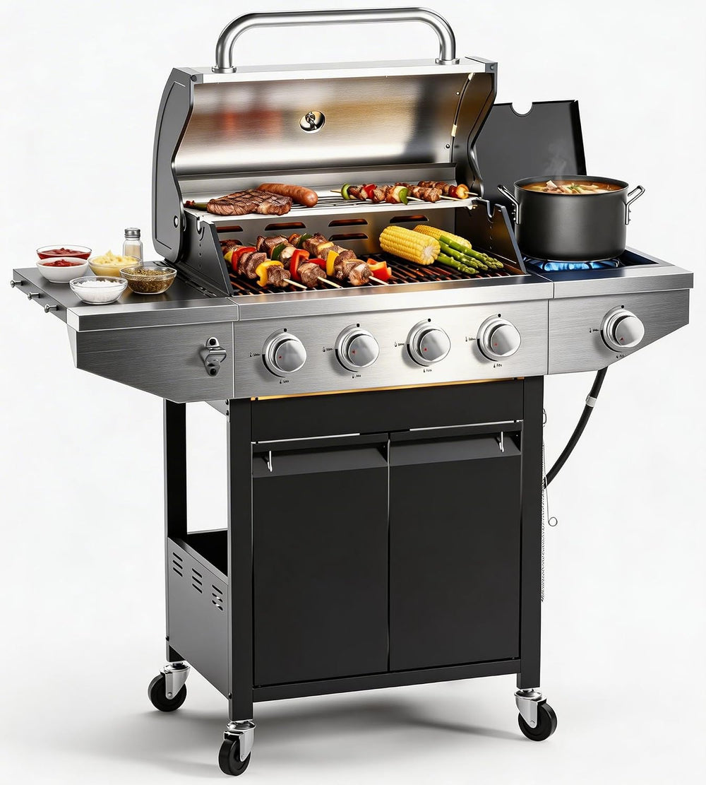 EUHOME 4-Burner Propane Gas BBQ Grill with Side Burner, 46,500 BTU Stainless ...