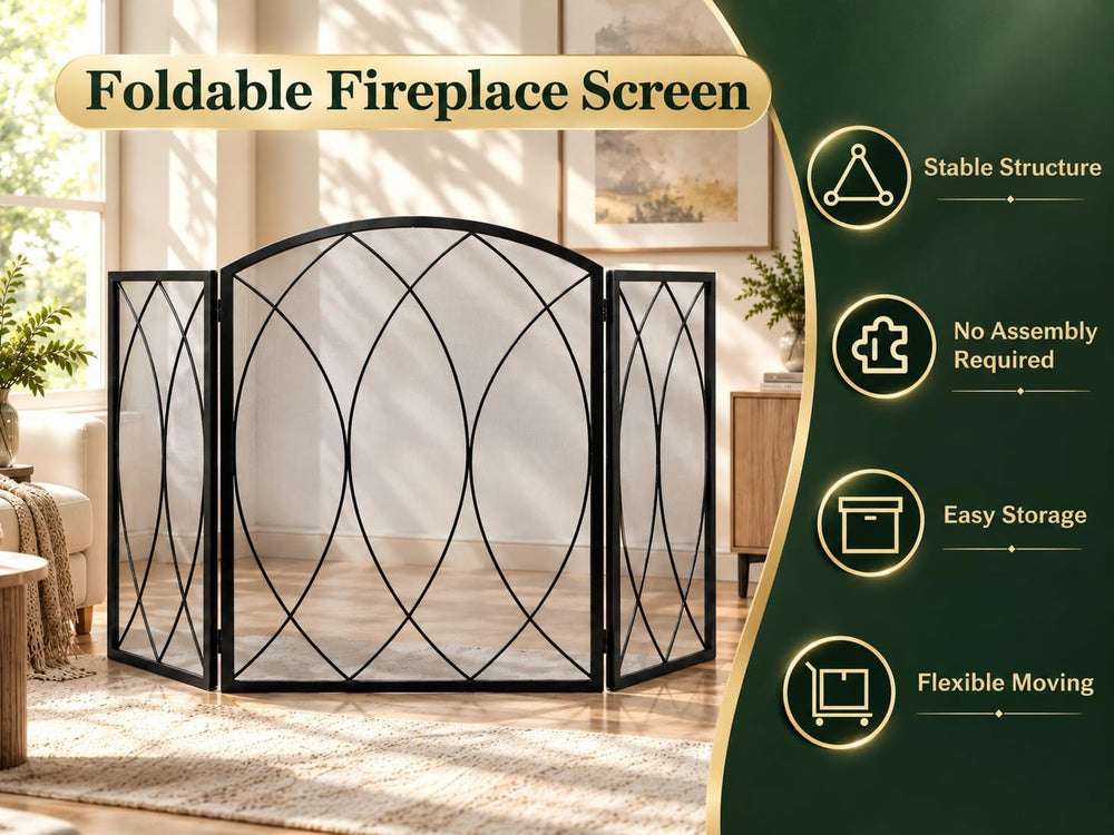 FEED GARDEN 3-Panel Fireplace Screen 48"W x 29.5"H Wrought Iron Spa...
