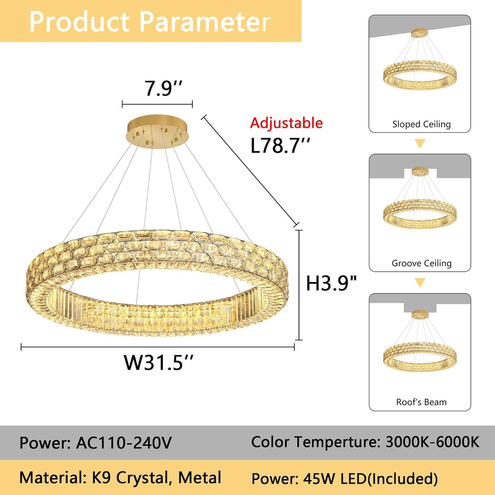 Modern Crystal Chandelier for Living Room Dimmable LED Pendant Light Round Ha...