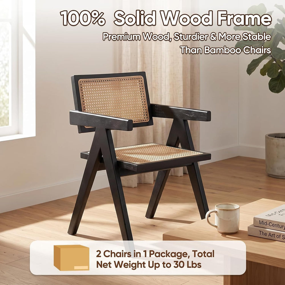 Accent Chairs Set of 2 Black Mid Century Modern Solid Wood Cane Armchairs