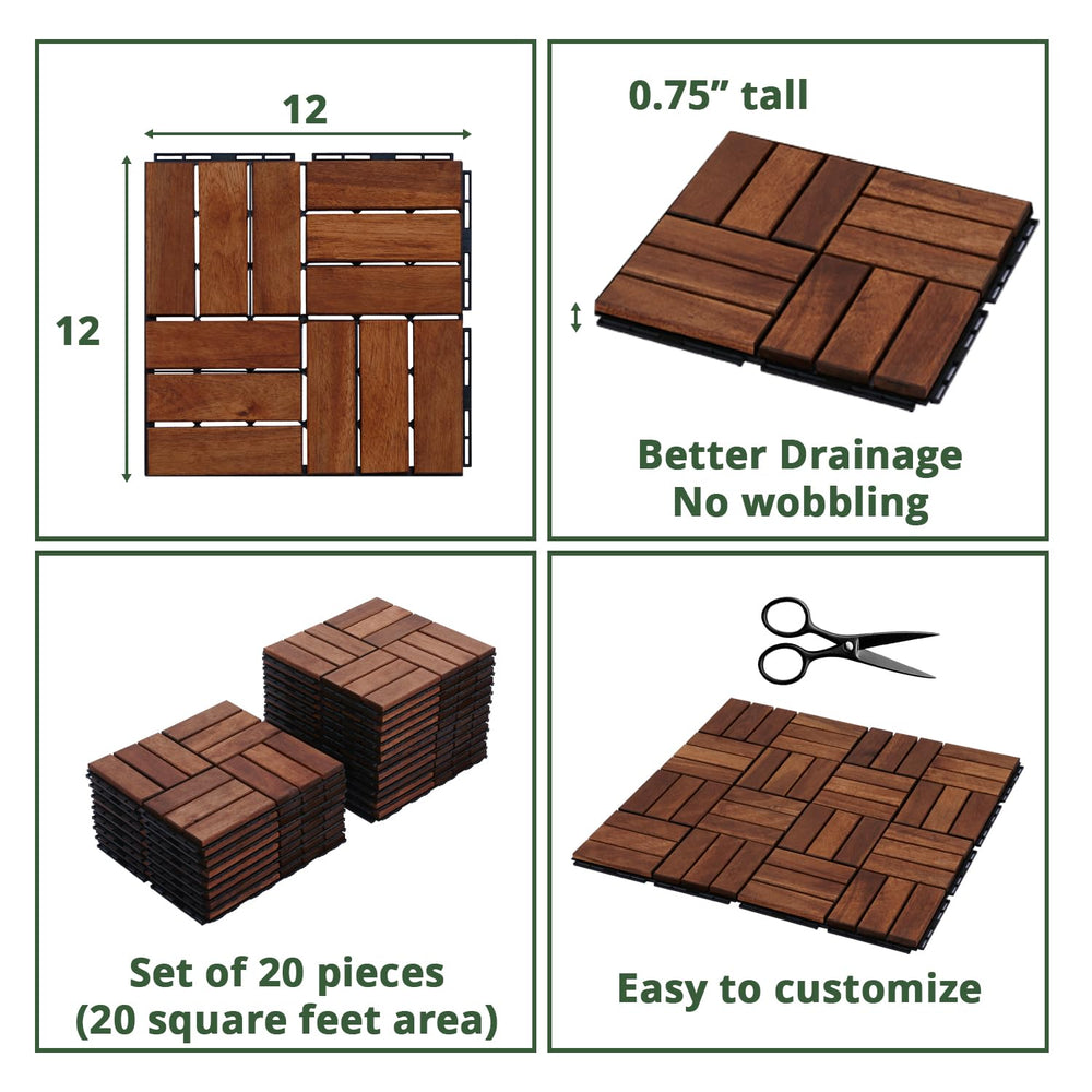 BEEFURNI Interlocking Acacia Wood Deck Tiles 12x12, 20PCS, Brown