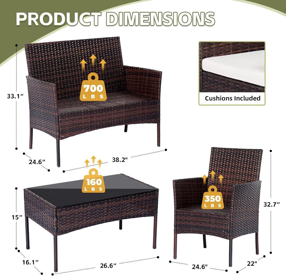 Patio Furniture Set 4 Pieces, Outdoor Rattan Furniture with Tempered Glass Co...