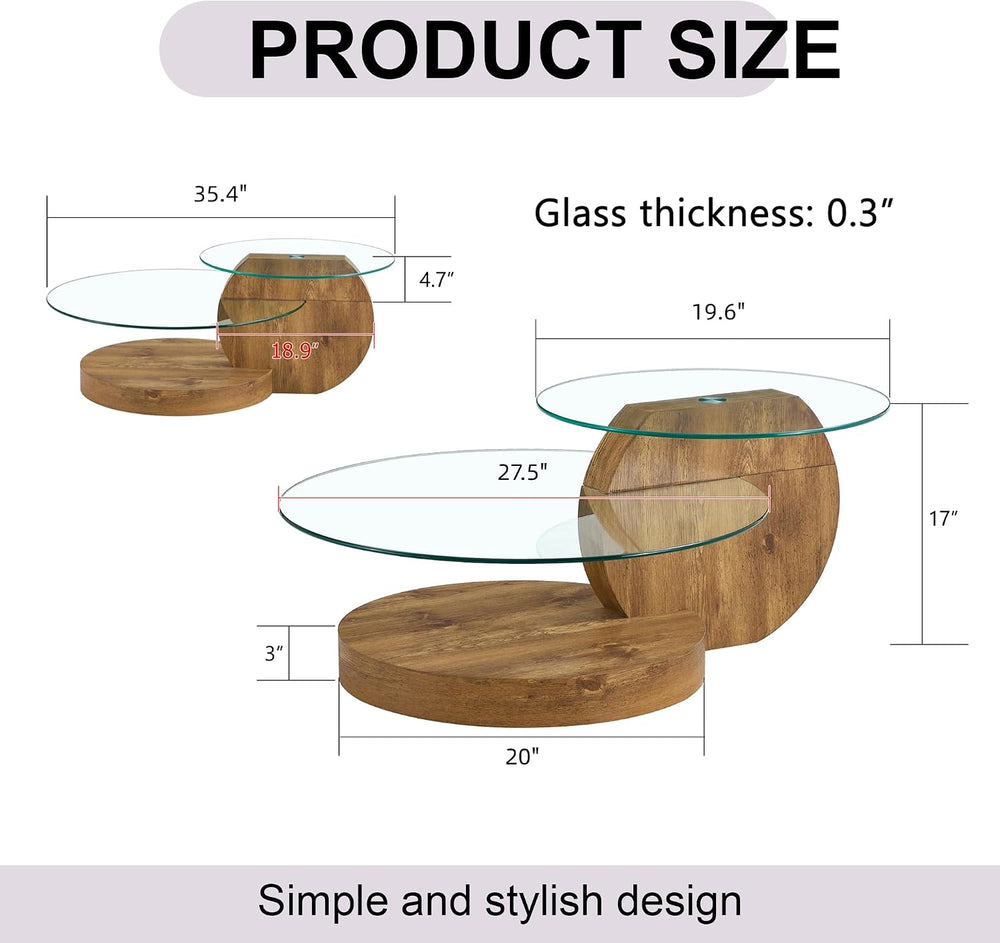 35.4" Glass Coffee Table, Small Round Coffee Table, 2-Tier Tempered Glas...