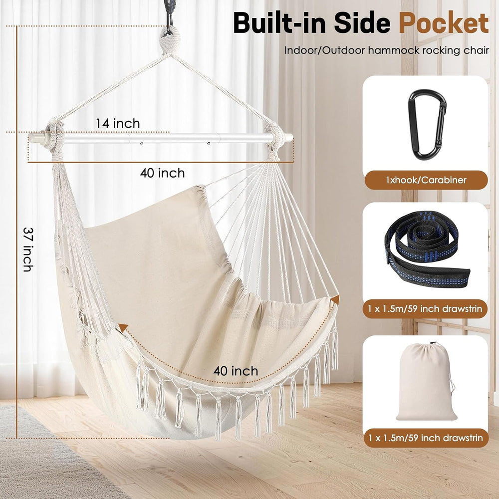 Hanging Swing Hammock Chair with Spreader Bar & Adjustable Straps - Beige