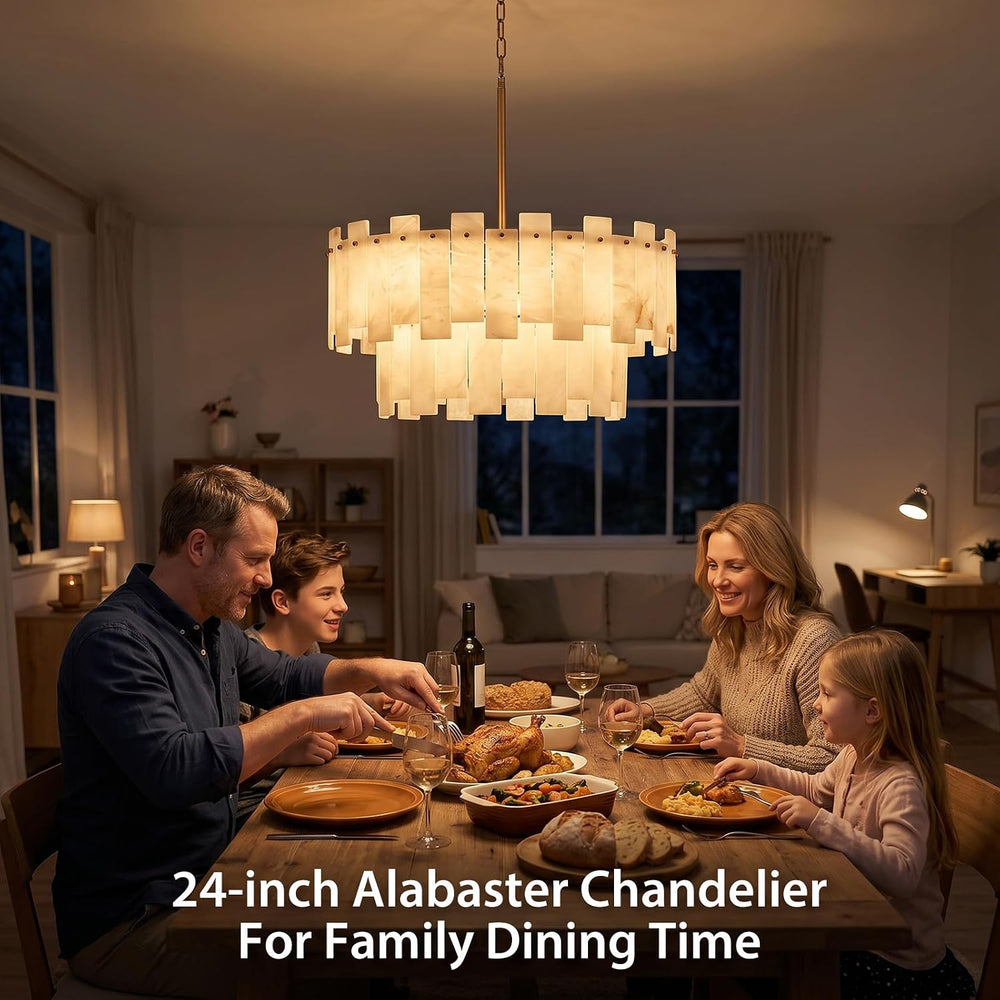24" Alabaster Chandelier for Living Room, 2-Tier Round Brass Chandelier