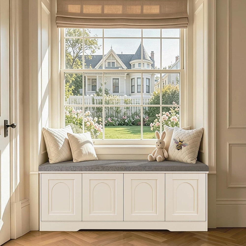 DINZI LVJ Shoe Storage Bench with Cushion, Door, White 47.2" LX17.7 H