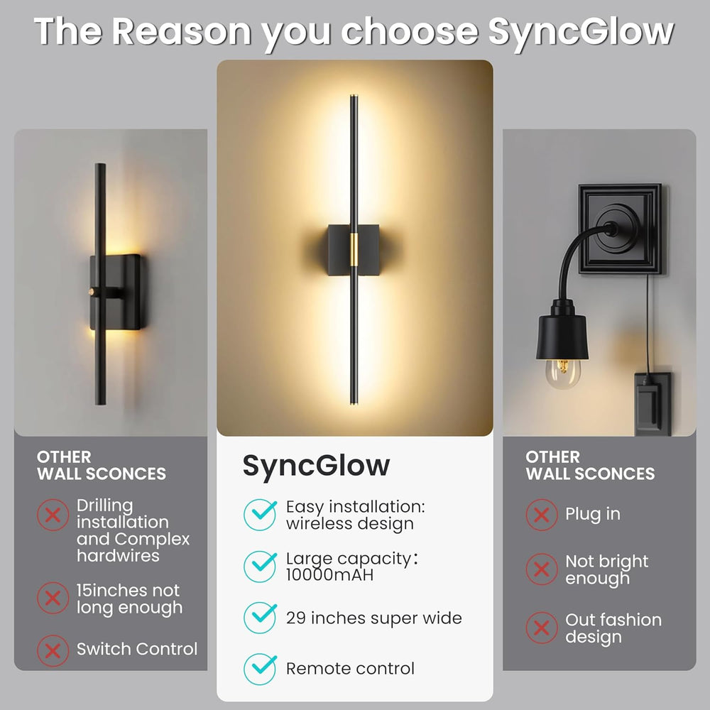 10000mAh Battery Operated Wall Sconces Set of 2, Black Gold-29Inch