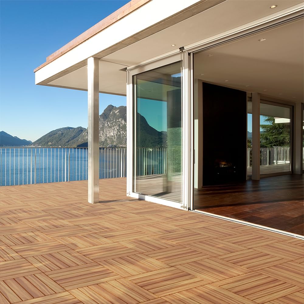 Acacia Wood Deck Tiles, 12" x 12" Interlocking Outdoor Flooring for...