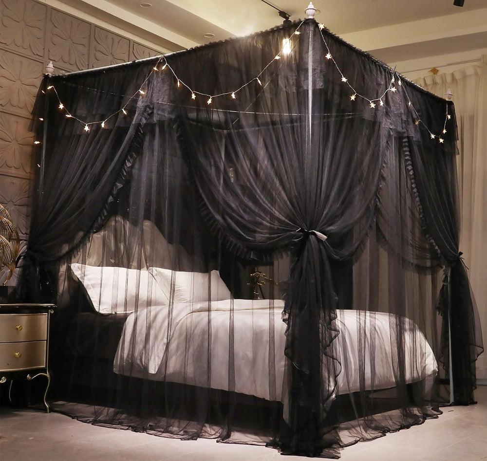 VETHIN 4 Corners Post Ruffle Princess Bed Canopy Curtain-Double Layer Cozy Dr...