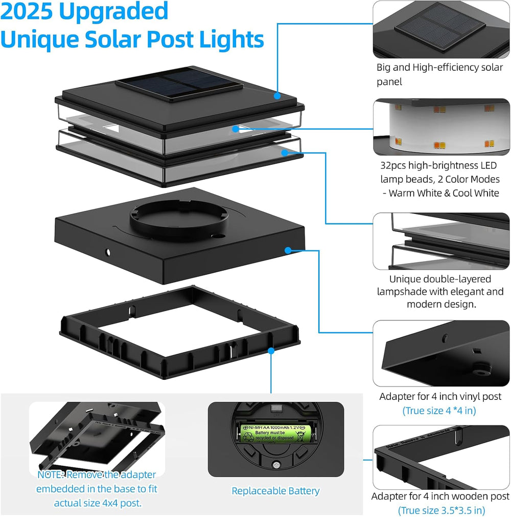 12 Pack Solar Post Cap Lights Outdoor Waterproof, Warm & Cool White, Black