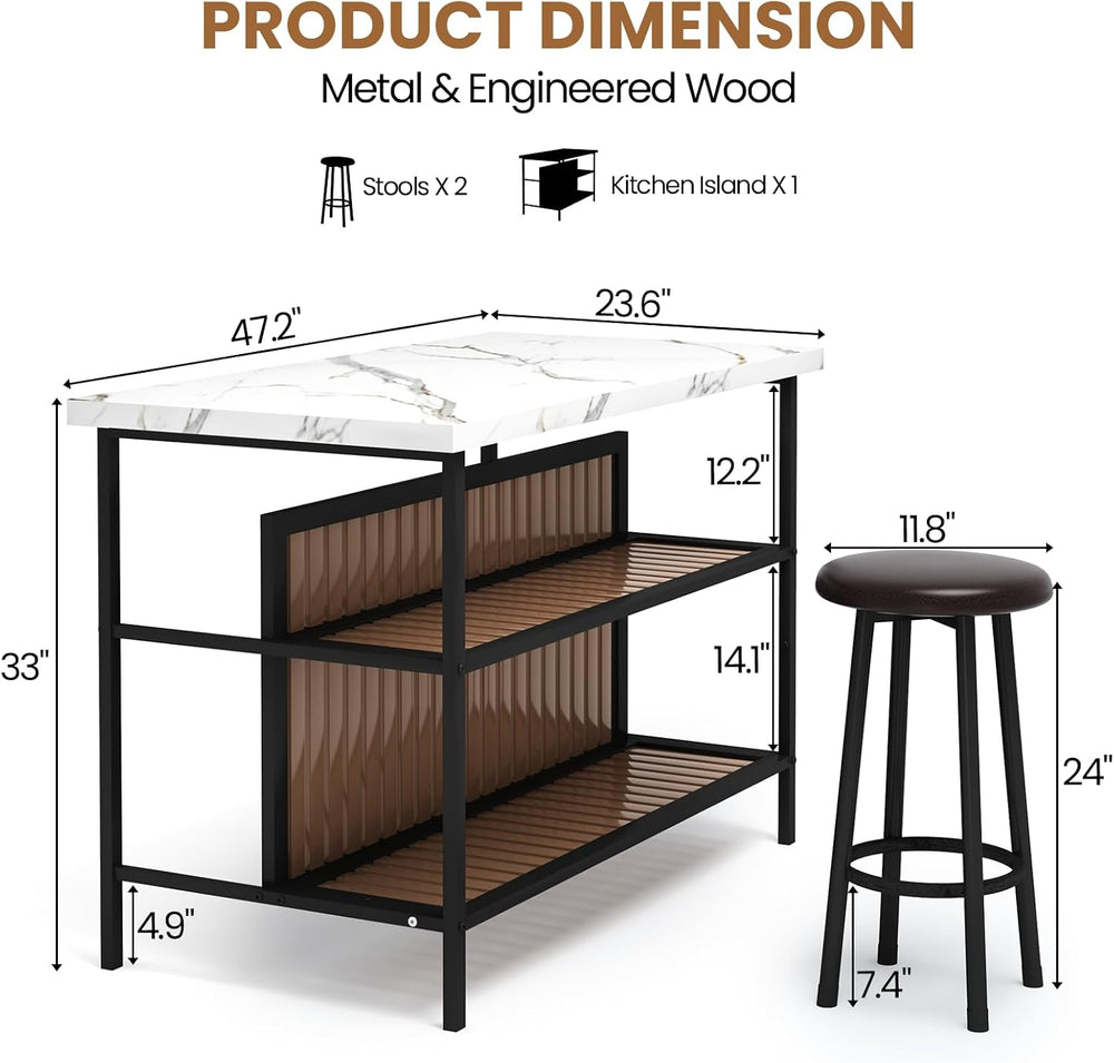 AWQM Kitchen Island with Seating & Storage, Bar Table and Chair Set, White