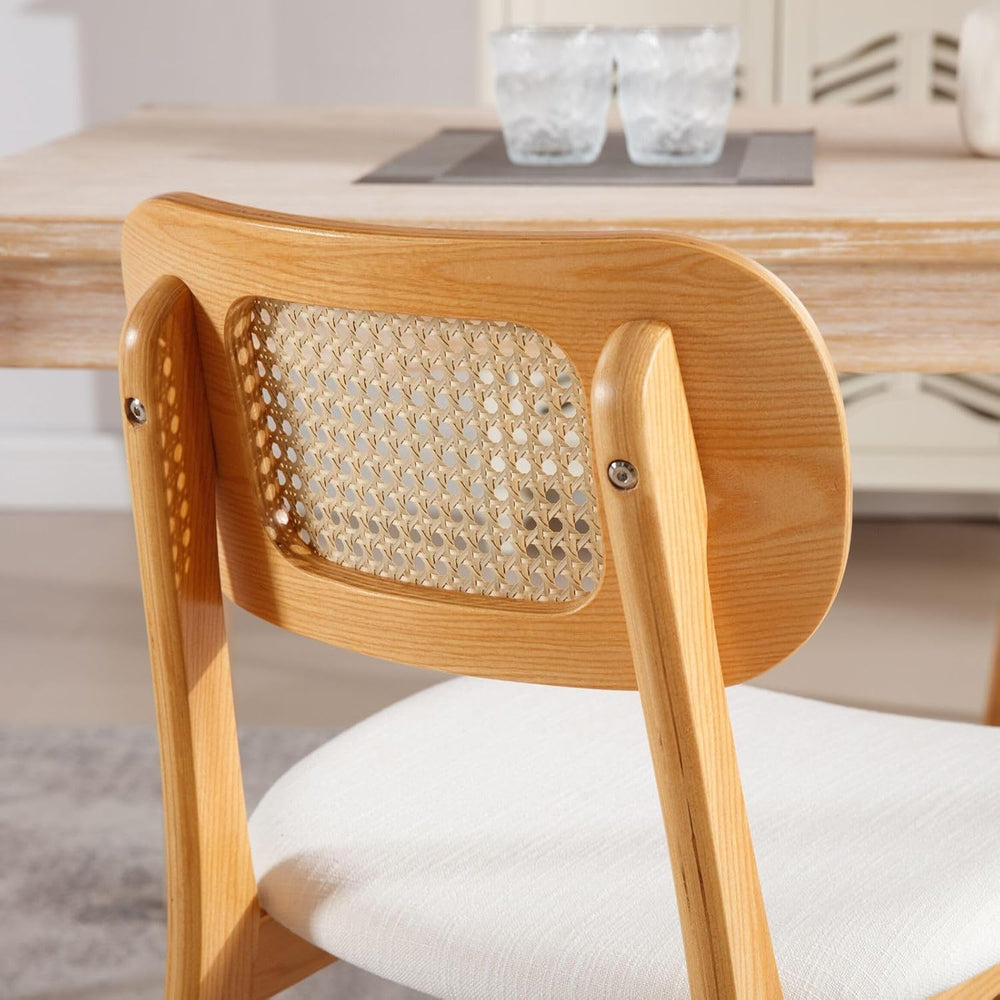 ROCITY Rattan Dining Chairs Set of 2 Beige Linen Fabric Dining Room Chairs Na...